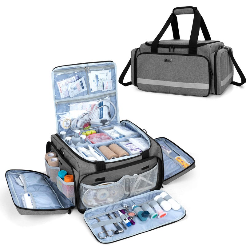 Trunab First Aid Bag Empty, Large Medical Bag with Inner Dividers for Home Health Nurse, Doctor, Community Care, EMT, EMS, Grey, Bag Only - Patented Design